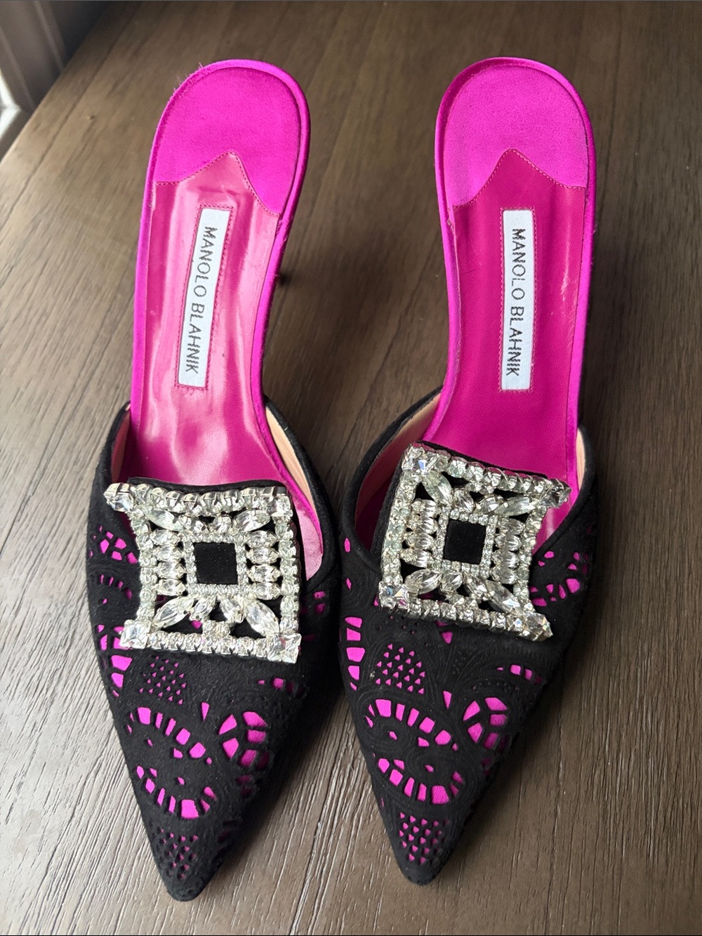 Manolo Blahnik Pink/Black Satin and Lace Borli Crystal Embellished Mules Size 40